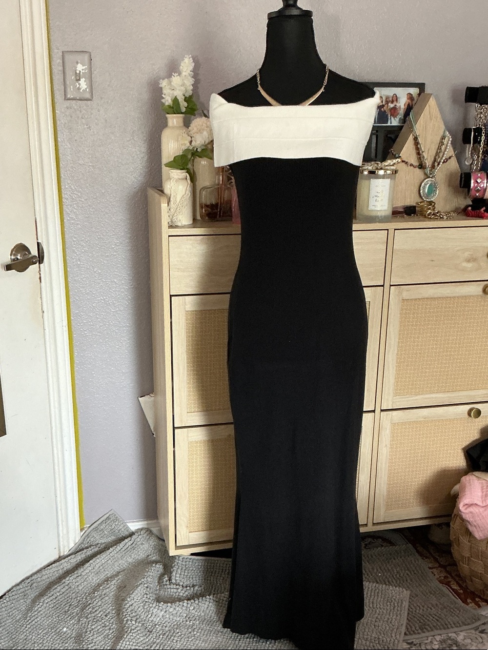 Classic One-Shoulder Black Dress with White Trim